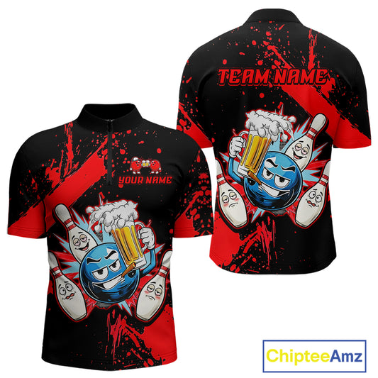 Custom Red Funny Beer Bowling Shirt for Men Bowling League Jersey Polo 1/4 Zip Bowling Outfit QZT822