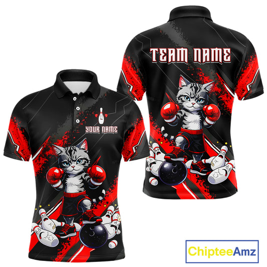 Funny Red Cat Boxing Bowling Team Jersey Personalized Polo & 1/4 Zip Shirt for Men Bowling League QZT825