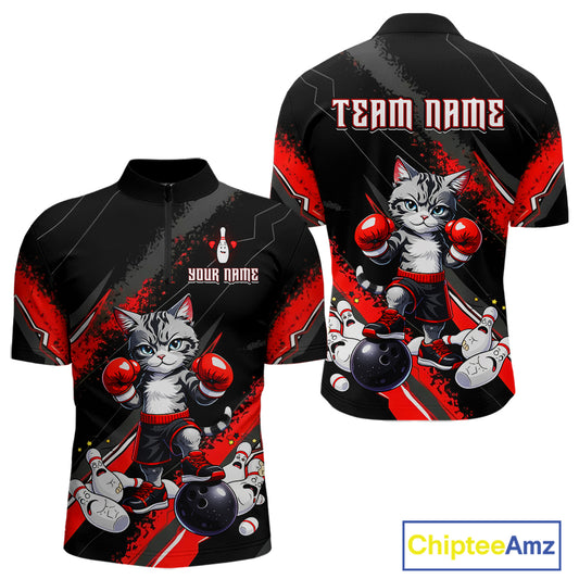 Funny Red Cat Boxing Bowling Team Jersey Personalized Polo & 1/4 Zip Shirt for Men Bowling League QZT825