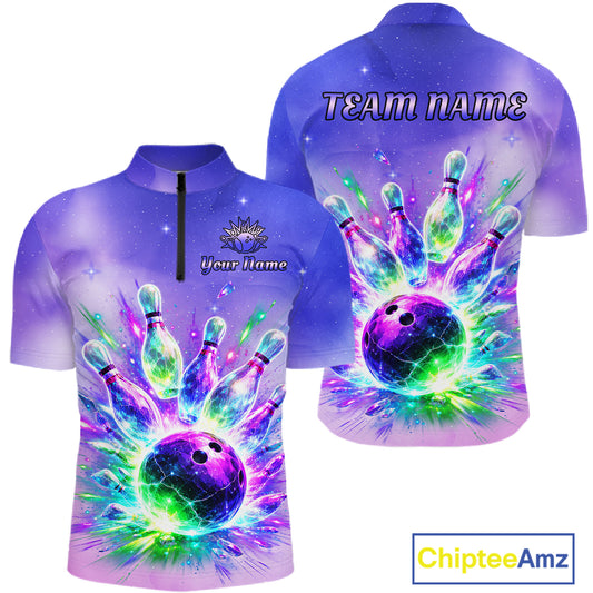 Custom Aurora Bowling Team Shirt Neon Glow Bowling Jersey Cosmic Galaxy Bowling Uniform for Men QZT966