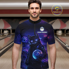 Load image into Gallery viewer, Personalized Neon Cat Bowling Shirt for Men Bowling Team Polo &amp; Quarter-Zip Bowling Outfit QZT884