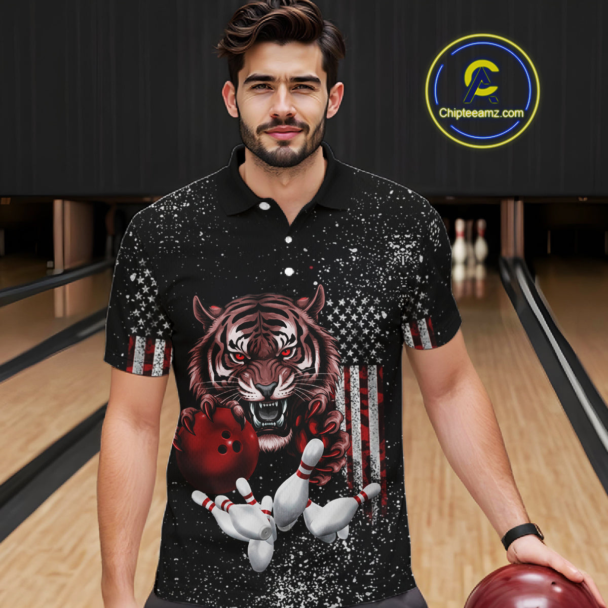 Custom American Flag Bowling Shirt Tiger Bowling Jersey League Polo & 1/4 Zip Bowling for Men QZT835