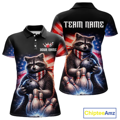 Custom American Flag Raccoon Bowling Shirt Bowling Jersey for Women Patriotic Bowling Polo & 1/4-Zip QZT974