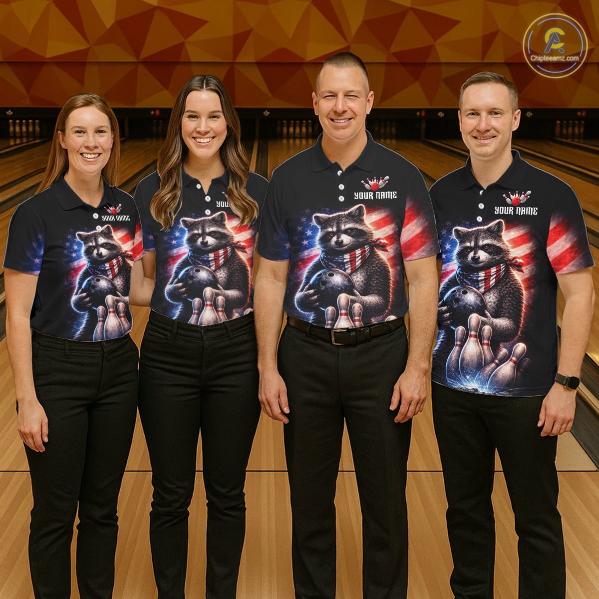 Custom American Flag Raccoon Bowling Shirt Bowling Jersey for Women Patriotic Bowling Polo & 1/4-Zip QZT974