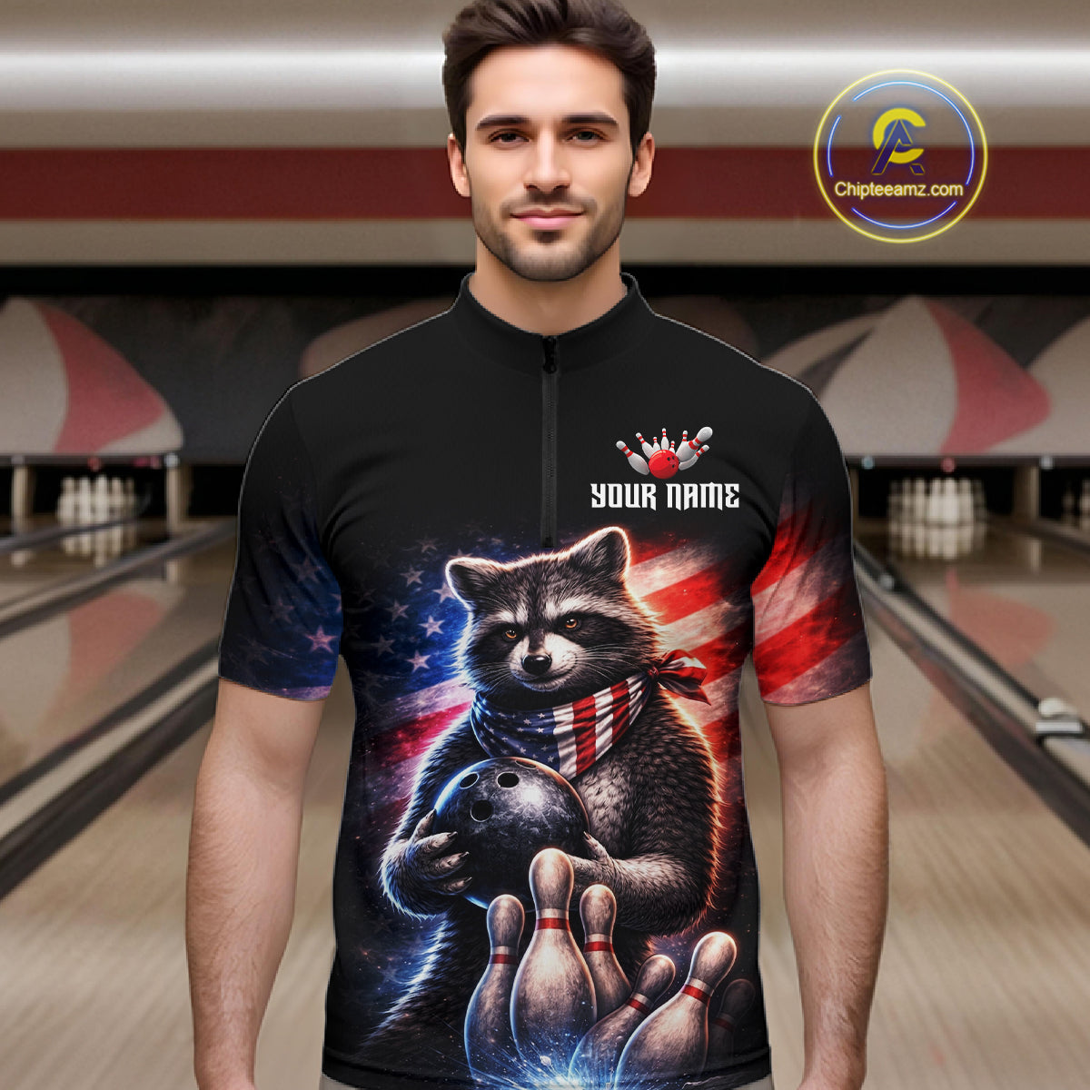 Custom American Flag Raccoon Bowling Shirt Bowling Jersey for Men Patriotic Bowling Polo & 1/4-Zip QZT974