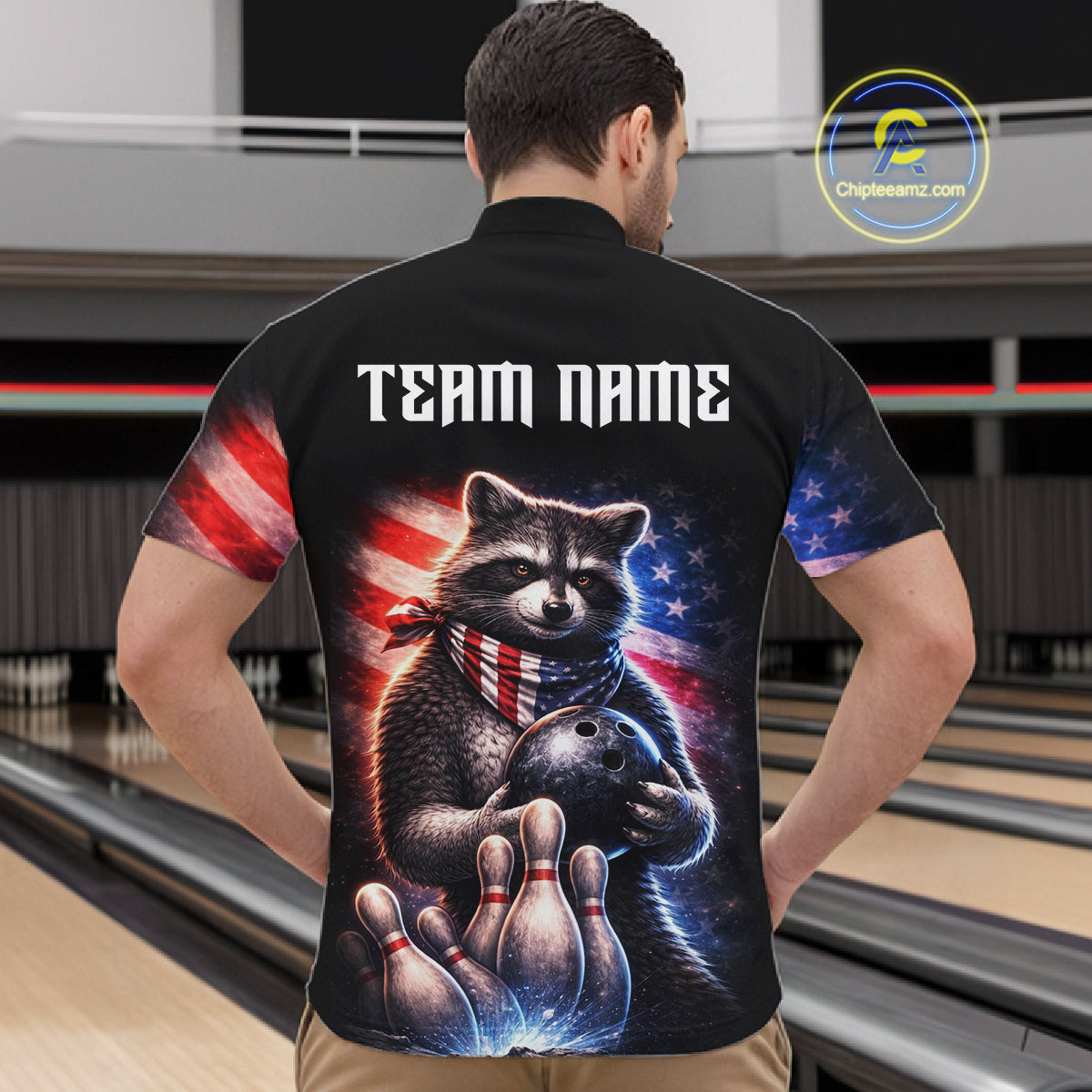 Custom American Flag Raccoon Bowling Shirt Bowling Jersey for Men Patriotic Bowling Polo & 1/4-Zip QZT974