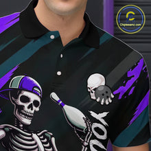 Load image into Gallery viewer, Custom Purple Skull Bowling Team Shirt for Men Polo &amp; 1/4 Zip Bowling League Jersey Bowling Unisex QZT794