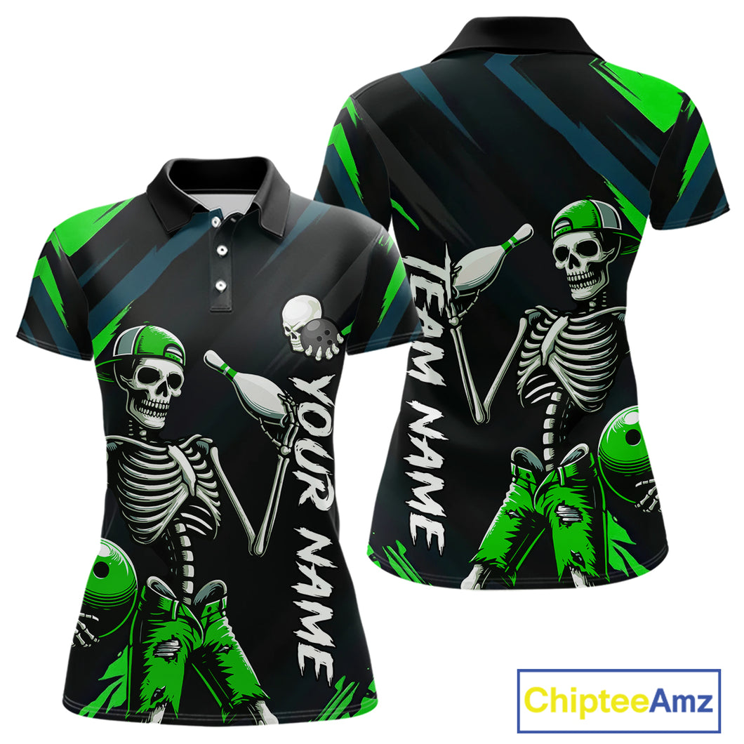 Custom Green Skull Bowling Team Shirt for Women Polo & 1/4 Zip Bowling League Jersey Bowling Gift QZT794