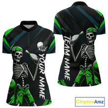 Load image into Gallery viewer, Custom Green Skull Bowling Team Shirt for Women Polo &amp; 1/4 Zip Bowling League Jersey Bowling Gift QZT794