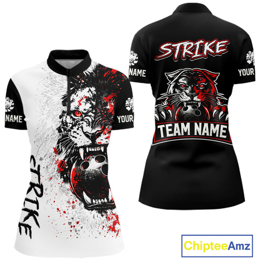 Custom Red & White Tiger Bowling Team Jersey for Women Bowling Shirt Polo & 1/4 Zip Bowling Outfit QZT841