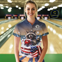 Load image into Gallery viewer, Funny US Flag Raccoon Bowling Shirt for Women Custom Patriotic Bowling Jersey QZT976