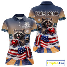 Load image into Gallery viewer, Funny US Flag Raccoon Bowling Shirt for Women Custom Patriotic Bowling Jersey QZT976