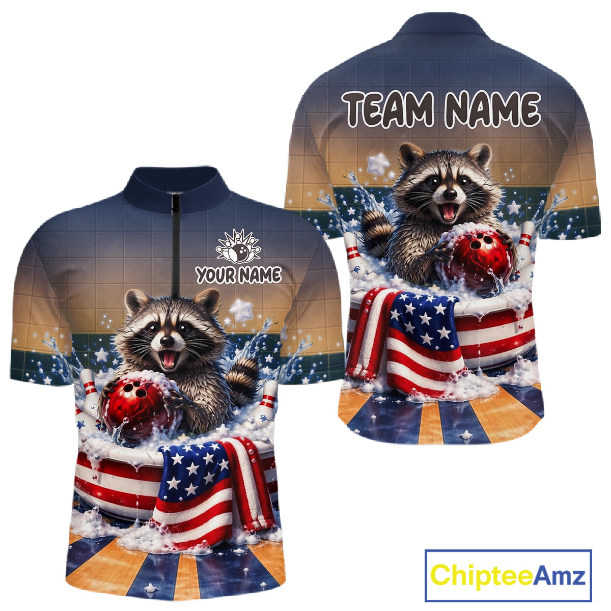 Funny Raccoon Bowling Shirt for Men Custom Patriotic Bowling Jersey US Flag Bowling Outfit QZT976