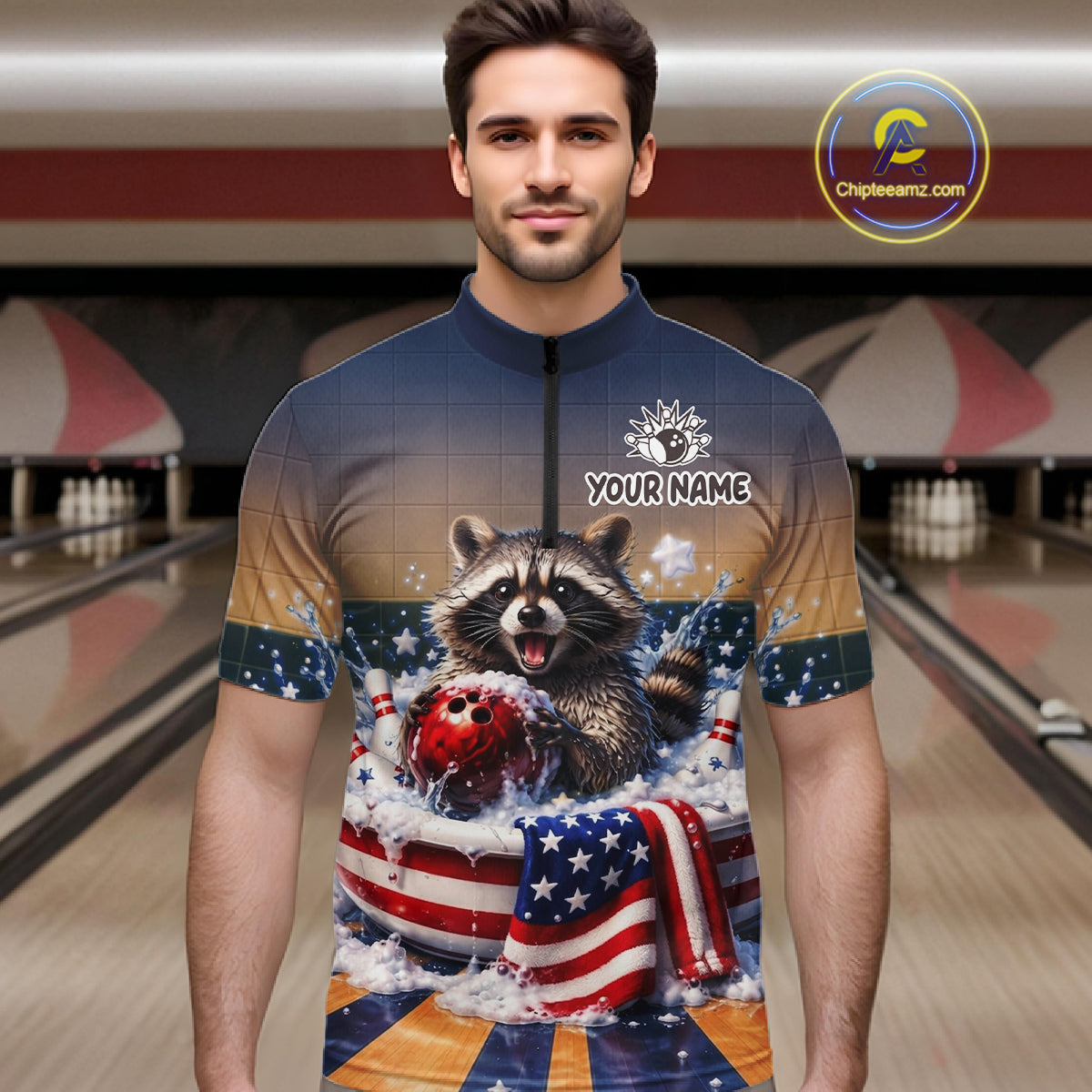 Funny Raccoon Bowling Shirt for Men Custom Patriotic Bowling Jersey US Flag Bowling Outfit QZT976