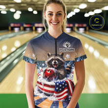 Load image into Gallery viewer, Funny US Flag Raccoon Bowling Shirt for Women Custom Patriotic Bowling Jersey QZT976