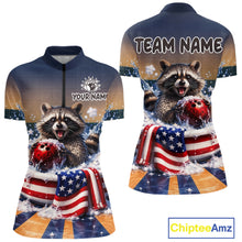 Load image into Gallery viewer, Funny US Flag Raccoon Bowling Shirt for Women Custom Patriotic Bowling Jersey QZT976