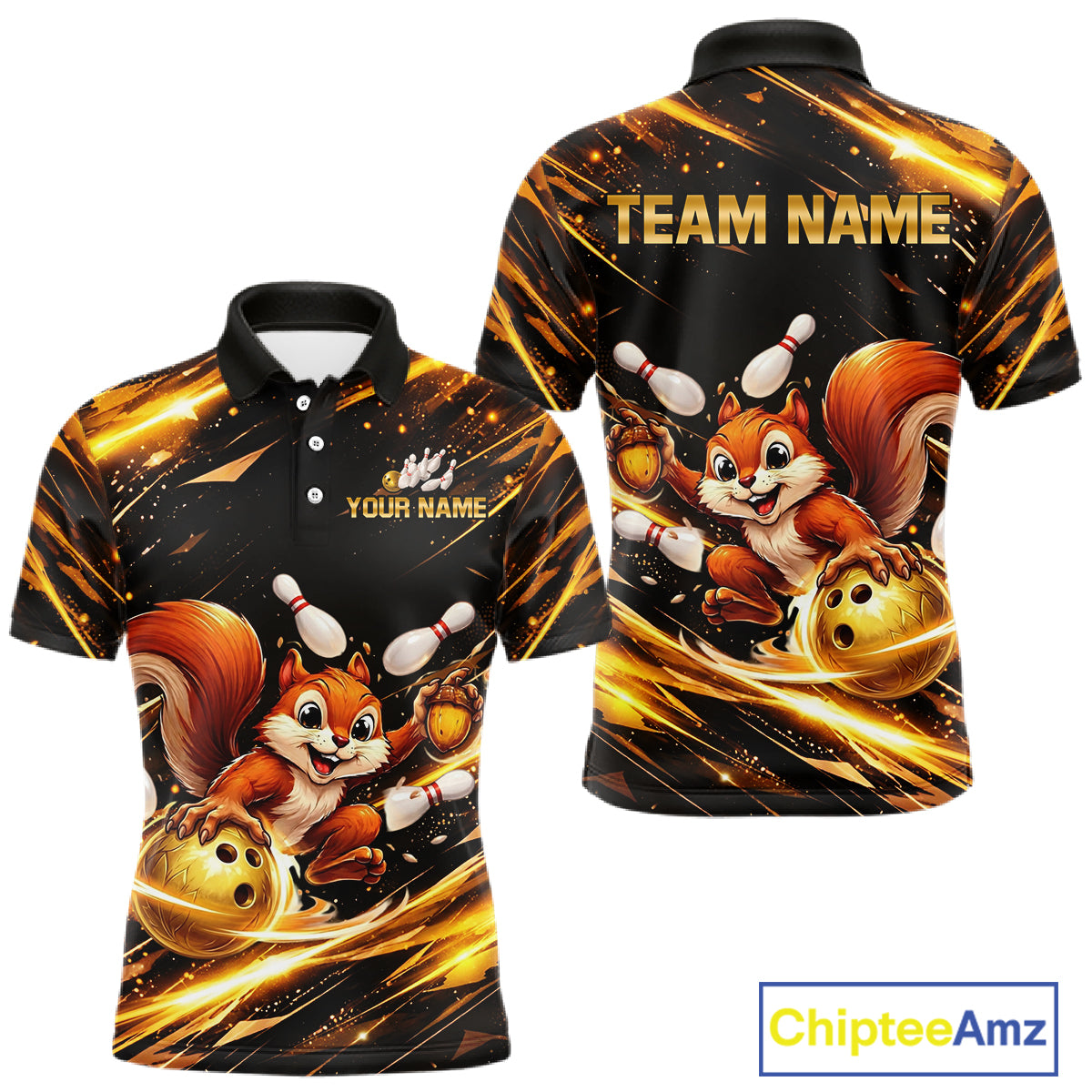 Back & Gold Squirrel Bowling Team Shirt for Men Custom Funny Bowling Jersey Polo & 1/4-Zip Bowling Outfit QZT980