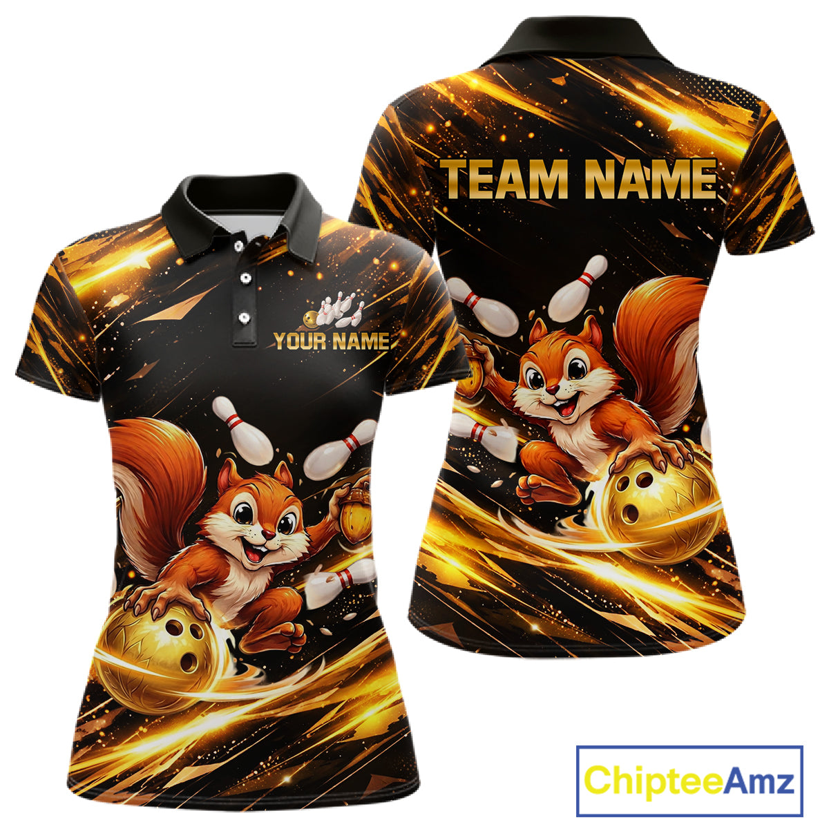 Back & Gold Squirrel Bowling Team Shirt for Women Custom Funny Bowling Jersey Polo & 1/4-Zip QZT980