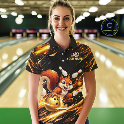Back & Gold Squirrel Bowling Team Shirt for Women Custom Funny Bowling Jersey Polo & 1/4-Zip QZT980