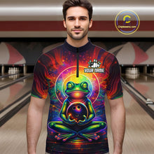 Load image into Gallery viewer, Male model wearing a custom zen frog bowling quarter-zip shirt front view featuring a vibrant neon frog, bowling ball, glowing cosmic background and colorful psychedelic pattern at the bowling alley