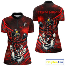 Load image into Gallery viewer, Red and black polo shirt with crawfish design and customizable text on a white background