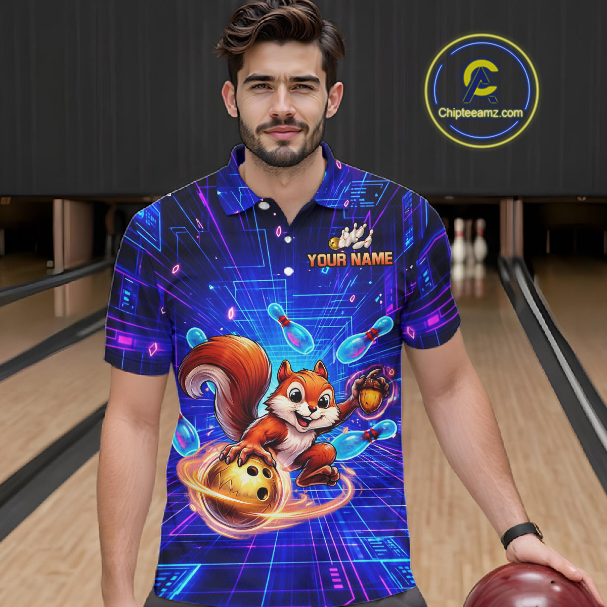Custom Neon Funny Squirrel Bowling Shirt for Men Bowling Team Jersey Polo & Quarter-Zip Bowling Outfit QZT981