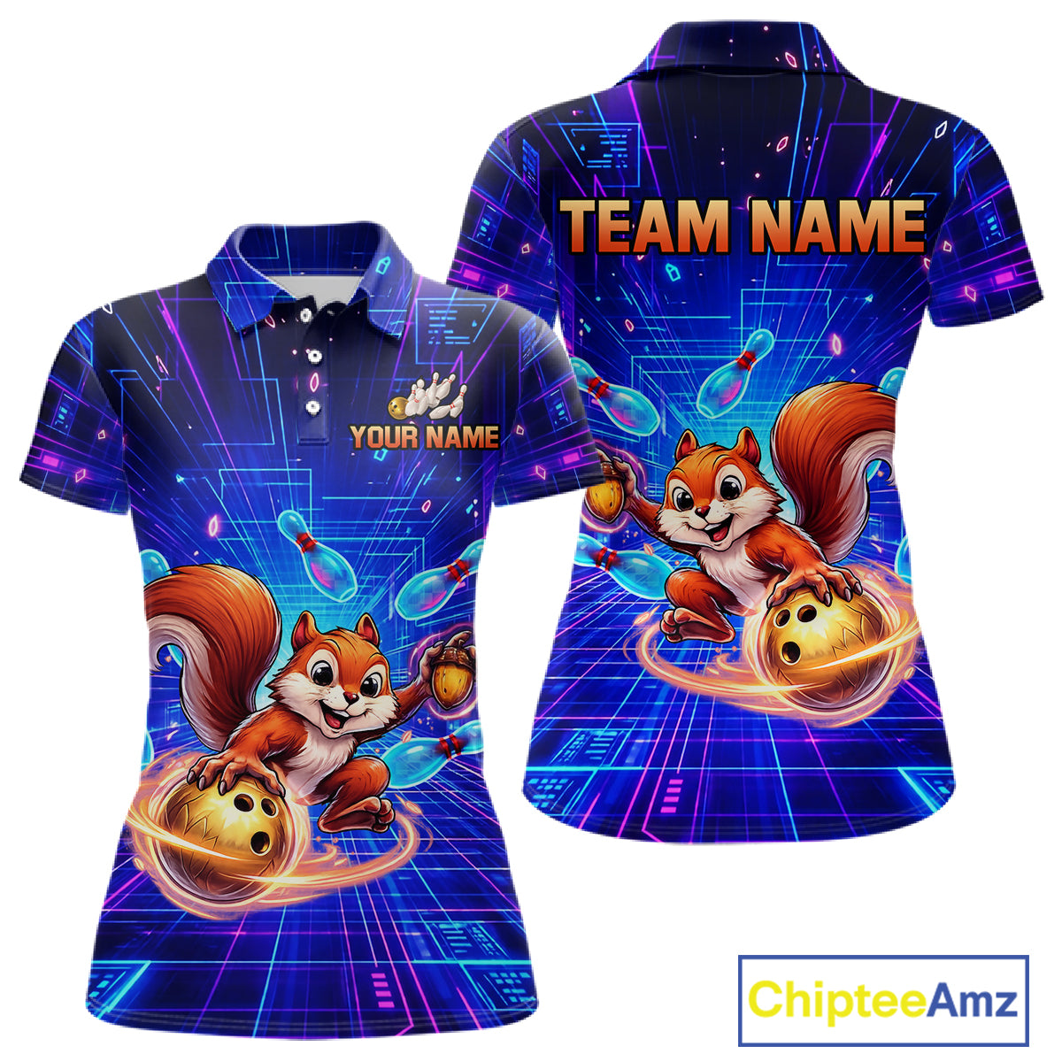 Custom Neon Funny Squirrel Bowling Shirt for Women Bowling Team Jersey Polo & Quarter-Zip Bowling Outfit QZT981
