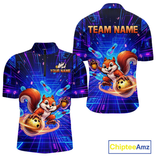 Custom Neon Funny Squirrel Bowling Shirt for Men Bowling Team Jersey Polo & Quarter-Zip Bowling Outfit QZT981