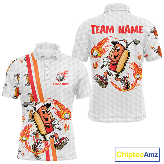Funny Mens Golf Polo Shirt Custom Orange And White Fire Flame Hot Dog Pattern White Golf Shirts NHN0001