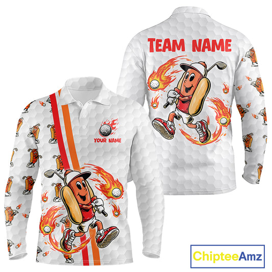 Funny Mens Long Sleeve Polo Golf Shirts Custom Orange & White Fire Flame Hot Dog Pattern White Golf Shirts NHN0001