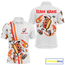 Load image into Gallery viewer, Funny Mens Golf Polo Shirt Custom Orange And White Fire Flame Hot Dog Pattern White Golf Shirts NHN0001