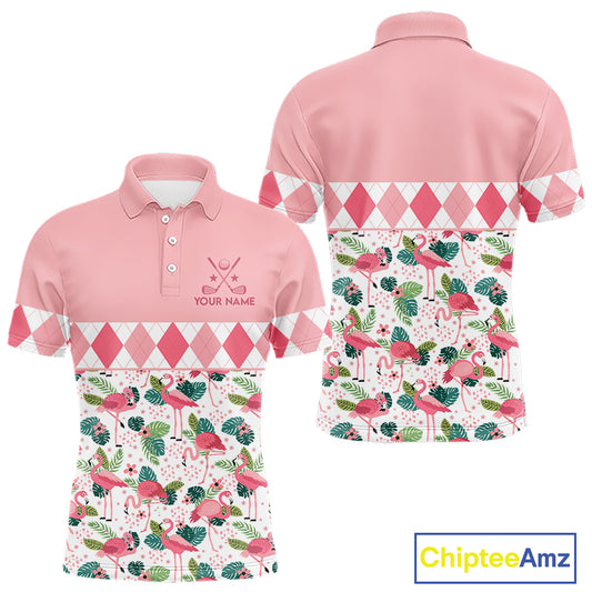 Flamingo Argyle Pattern Mens Golf Polo Shirt Funny Floral Custom Golf Shirt Unique Golfer Gift Apparel NHN0022