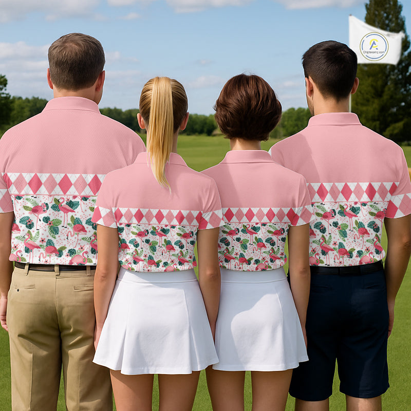 Flamingo Argyle Pattern Mens Golf Polo Shirt Funny Floral Custom Golf Shirt Unique Golfer Gift Apparel NHN0022