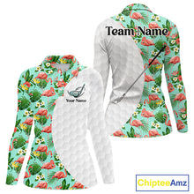 Load image into Gallery viewer, Womens Long Sleeve Golf Polos Shirts Custom Green Tropical Flamingo Pattern Personalized Golf Gifts NHN0023