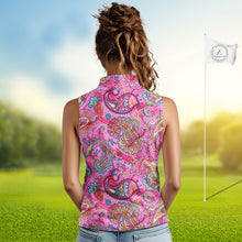 Load image into Gallery viewer, Pink Paisley Pattern Womens Sleeveless Golf Polo Shirt Custom Tropical Golf Attire For Ladies NHN0149