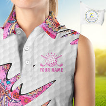 Load image into Gallery viewer, Pink Paisley Pattern Womens Sleeveless Golf Polo Shirt Custom Tropical Golf Attire For Ladies NHN0149