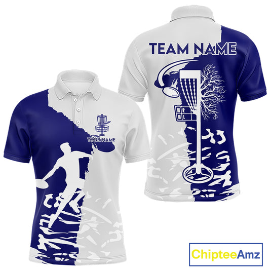 Mens Disc Golf Polo Shirt Custom Name White And Blue Disc Golf Basket Personalized Disc Golf Shirts NHN0033