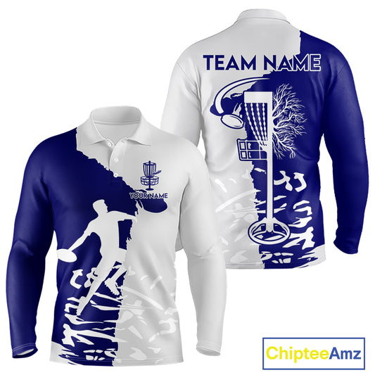 Mens Long Sleeve Disc Golf Polo Shirt Custom Name White And Blue Disc Golf Basket Disc Golf Shirts NHN0033