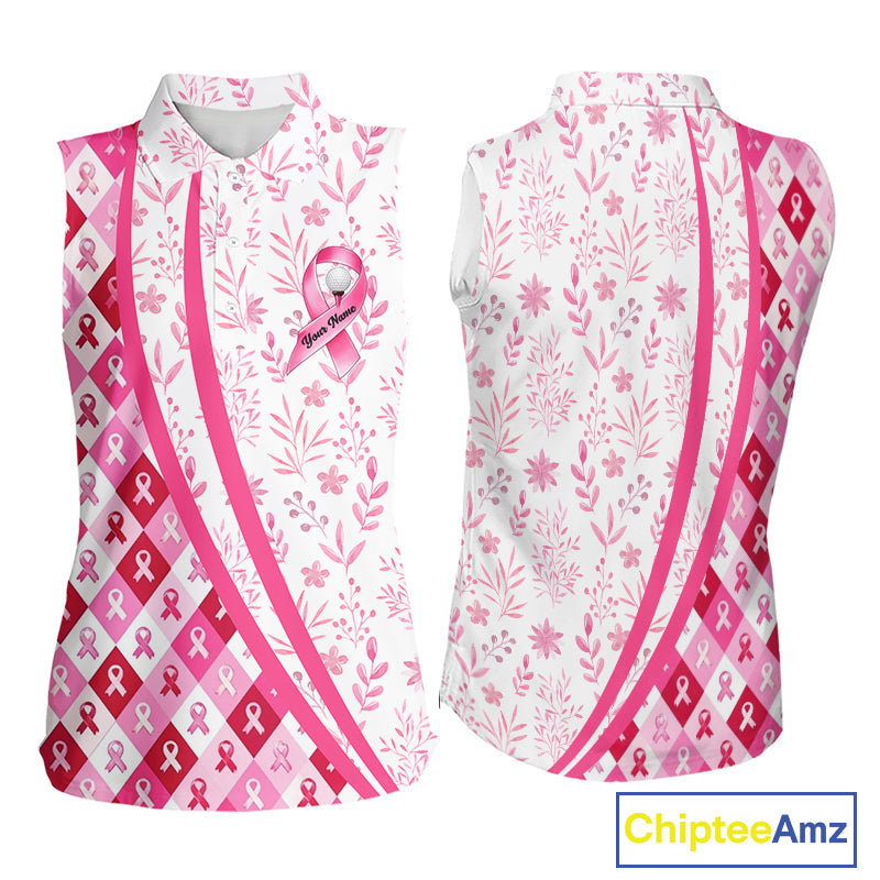 Pink Plaid Womens Sleeveless Golf Polo Shirt Custom Pink Ribbon Breast Cancer Awareness Team Golf Tops NHN0164