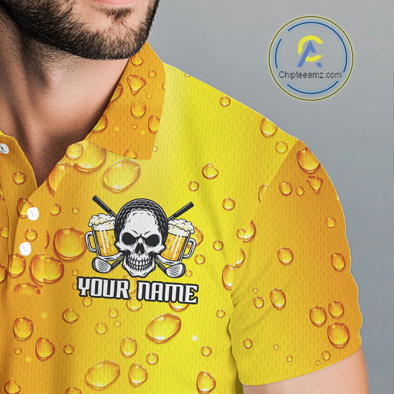 Beer Skull Mens Golf Polo Shirt Custom Name Funny Team Golf Tops For Men, Golfer Gifts NHN0166