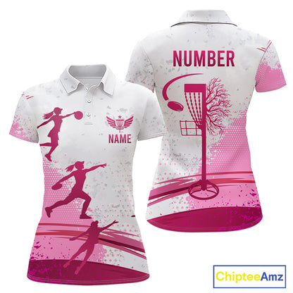 Pink Disc Golf Basket Mens Quarter Zip Polo Shirt Custom Name & Number Team Disc Golf Shirt NHN0035