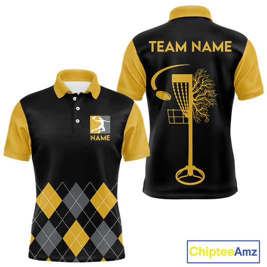 Argyle Pattern Mens Disc Golf Polo Shirt Yellow Disc Golf Basket Quarter Zip With Custom Name & Number NHN0036