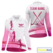 Load image into Gallery viewer, Womens Golf Polo Shirts Pink White Custom Name Long Sleeve Golf Shirts For Women Golf Ball Gifts NHN0037