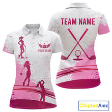 Load image into Gallery viewer, Womens Golf Polo Shirts Pink White Custom Name Golf Shirts For Women Personalized Golf Ball Gifts NHN0037