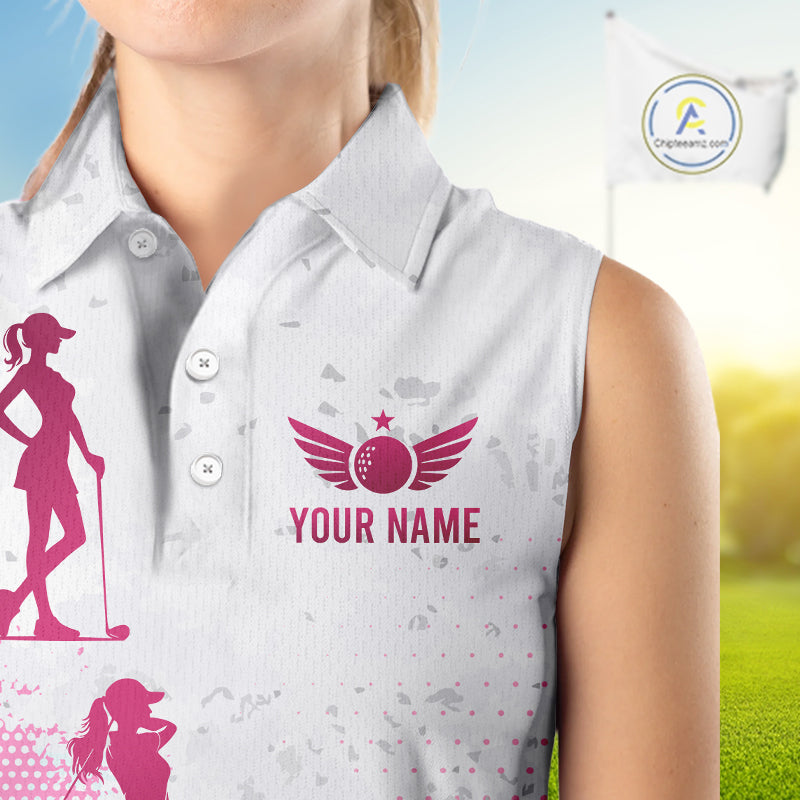 Pink White Womens Golf Polo Shirts Custom Name Golf Shirts For Women Sleeveless Personalized Golf Ball Gifts NHN0037