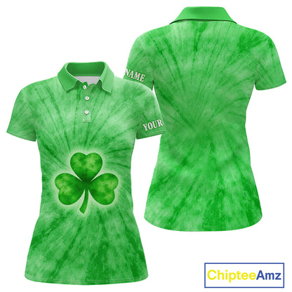 Green Tie Dye Womens Golf Polo Shirt Custom Name Green Clover St Patrick Day Team Ladies Golf Tops NHN0168