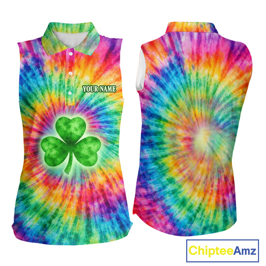 Colorful Tie Dye Womens Sleeveless Golf Polo Shirt Custom Green Clover St Patrick Day Golf Tops NHN0170