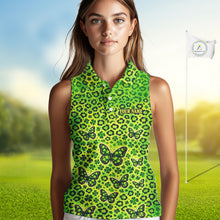 Load image into Gallery viewer, Womens Sleeveless Golf Polo Shirt Colorful Green Leopard Print Custom Butterfly Team Ladies Golf Tops NHN0171