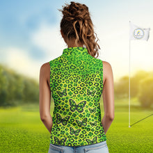 Load image into Gallery viewer, Womens Sleeveless Golf Polo Shirt Colorful Green Leopard Print Custom Butterfly Team Ladies Golf Tops NHN0171