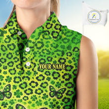 Load image into Gallery viewer, Womens Sleeveless Golf Polo Shirt Colorful Green Leopard Print Custom Butterfly Team Ladies Golf Tops NHN0171